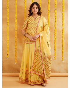 Yellow Hand Block Printed Chanderi Dupatta