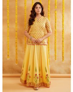 Yellow Hand Block Printed Chanderi Top with Lehenga- Set of 2