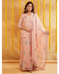 Peach Hand Block Printed Chanderi Top with Lehenga- Set of 2