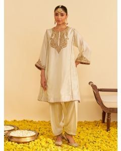 Ivory Dori Embroidered Upada Silk Choga with Salwar - Set of 2