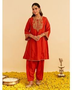 Orange Dori Embroidered Upada Silk Choga with Salwar - Set of 2
