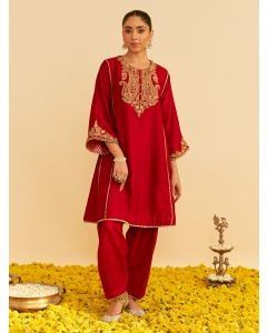 Red Dori Embroidered Upada Silk Choga with Salwar - Set of 2