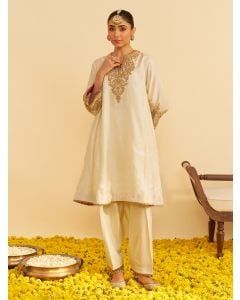 Ivory Dori Embroidered Upada Silk Choga with Salwar - Set of 2