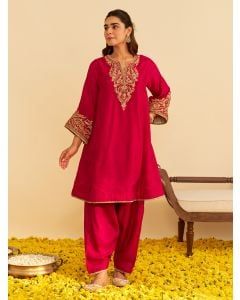 Pink Dori Embroidered Upada Silk Choga with Salwar - Set of 2