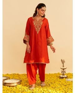 Orange Dori Embroidered Upada Silk Choga with Salwar - Set of 2