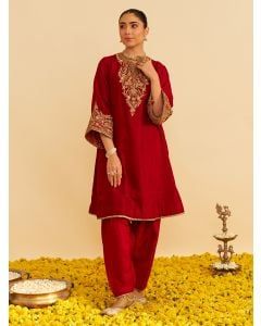 Red Dori Embroidered Upada Silk Choga with Salwar - Set of 2