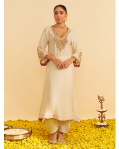 Ivory Dori Embroidered Upada Silk Kurta with Salwar - Set of 2