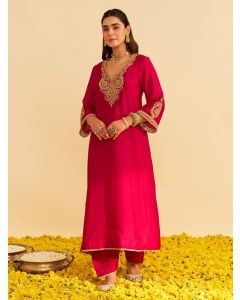 Pink Dori Embroidered Upada Silk Kurta with Salwar - Set of 2
