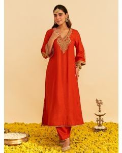Orange Dori Embroidered Upada Silk Kurta with Salwar - Set of 2