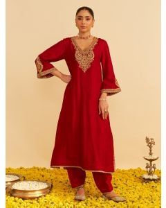 Red Dori Embroidered Upada Silk Kurta with Salwar - Set of 2