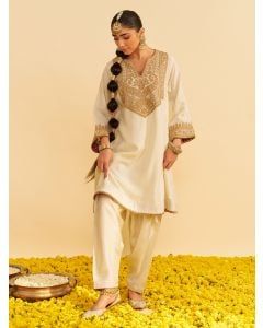 Ivory Dori Embroidered Upada Silk Choga with Salwar - Set of 2