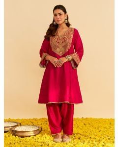 Pink Dori Embroidered Upada Silk Choga with Salwar - Set of 2