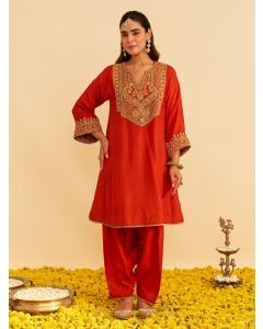 Orange Dori Embroidered Upada Silk Choga with Salwar - Set of 2