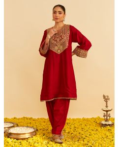 Red Dori Embroidered Upada Silk Choga with Salwar - Set of 2