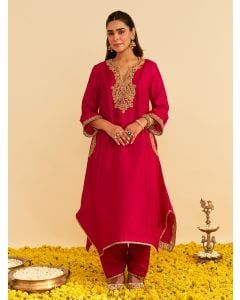 Pink Dori Embroidered Upada Silk Kurta with Salwar - Set of 2