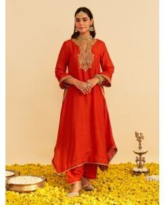 Orange Dori Embroidered Upada Silk Kurta with Salwar - Set of 2