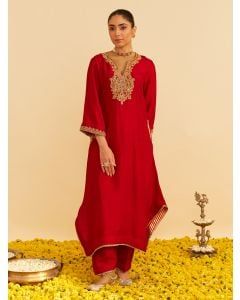 Red Dori Embroidered Upada Silk Kurta with Salwar - Set of 2
