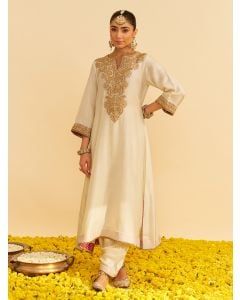 Ivory Dori Embroidered Upada Silk Kurta with Salwar - Set of 2