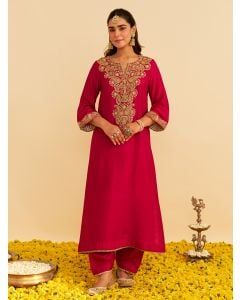 Pink Dori Embroidered Upada Silk Kurta with Salwar - Set of 2