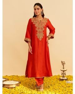 Orange Dori Embroidered Upada Silk Kurta with Salwar - Set of 2