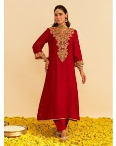 Red Dori Embroidered Upada Silk Kurta with Salwar - Set of 2