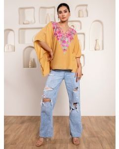 Beige Embroidered Cotton Blend Kaftan