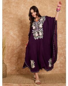 Purple Embroidered Cotton Blend Kaftan