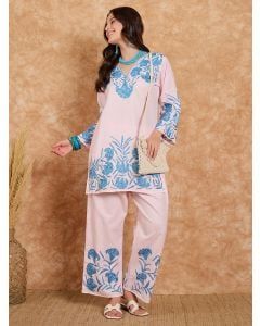 Pink Blue Embroidered Cotton Blend Kurta with Palazzo - Set of 2