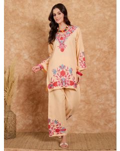 Peach Embroidered Cotton Blend Kurta with Palazzo - Set of 2