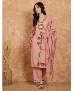 Old Rose Embroidered Cotton Blend Suit - Set of 3