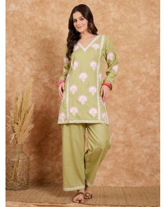 Green Embroidered Cotton Blend Kurta with Palazzo - Set of 2