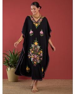 Black Aari Embroidered Cotton Blend Kaftan