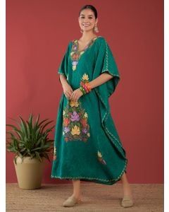 Green Aari Embroidered Cotton Blend Kaftan