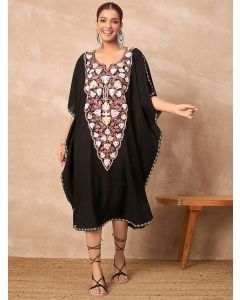 Black Embroidered Cotton Blend Kaftan