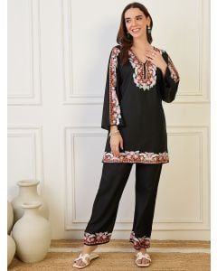 Black Embroidered Cotton Blend Kurta with Palazzo - Set of 2