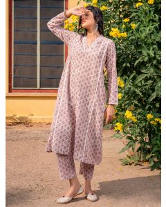 Beige Hand Block Printed Cotton Slub Kurta with Pants - Set of 2