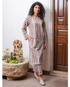 Beige Hand Block Printed Cotton Slub Kurta with Pants - Set of 2