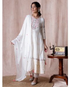 White Cotton Embroidered Suit Set - Set of 3