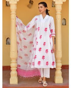 White Pink Hand Block Printed Cotton Suit- Set of 3