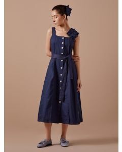 Blue Organic Cotton Twill Dress with Belt