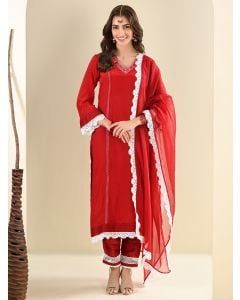 Red Lace Work Cotton Suit- Set of 3