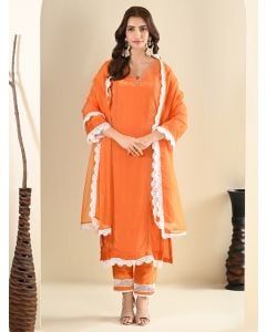 Orange Lace Work Cotton Suit- Set of 3
