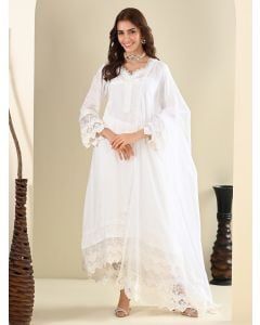 White Lace Work Cotton Suit- Set of 3