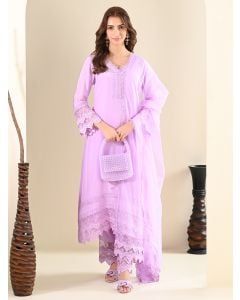Purple Lace Work Cotton Suit- Set of 3