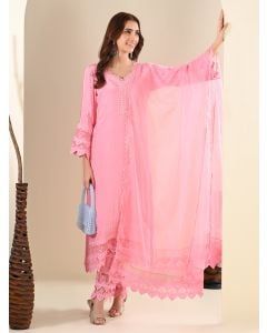 Pink Lace Work Cotton Suit- Set of 3