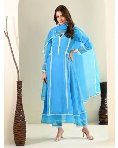 Blue Lace Work Cotton Suit- Set of 3