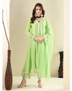 Green Lace Work Cotton Suit- Set of 3