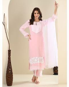 Pink Lace Work Cotton Suit- Set of 3