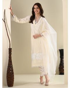 Cream Lace Work Cotton Suit- Set of 3