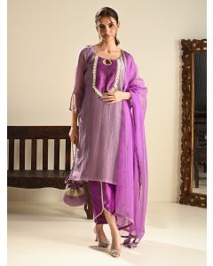Purple Embroidered Crushed Silk Suit- Set of 3